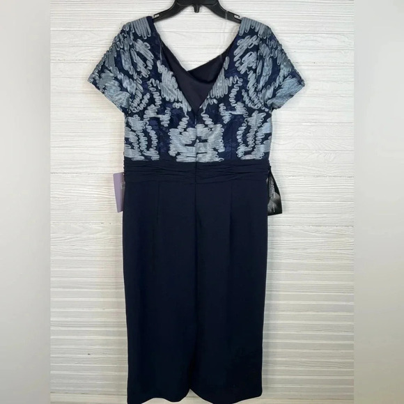 JS Collections Blue Ribbon and Lace Crepe Midi Dress V Back Short Sleeve 14 - Picture 3 of 16